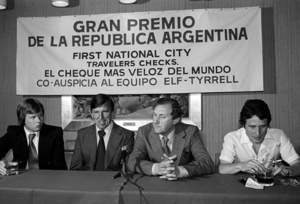Ronnie Peterson, Ken Tyrrell and Patrick Depailler with a manager of FNC in Argentina in 1977.
