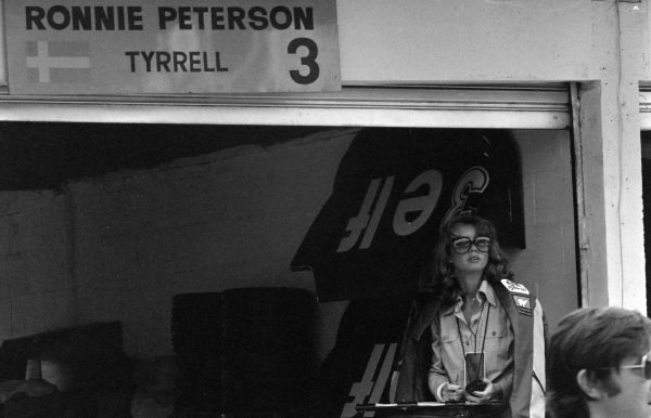 Barbro Peterson keeps times in the garage at the Brazilian Grand Prix in Interlagos, Sao Paulo, on 21 - 23 January 1977.