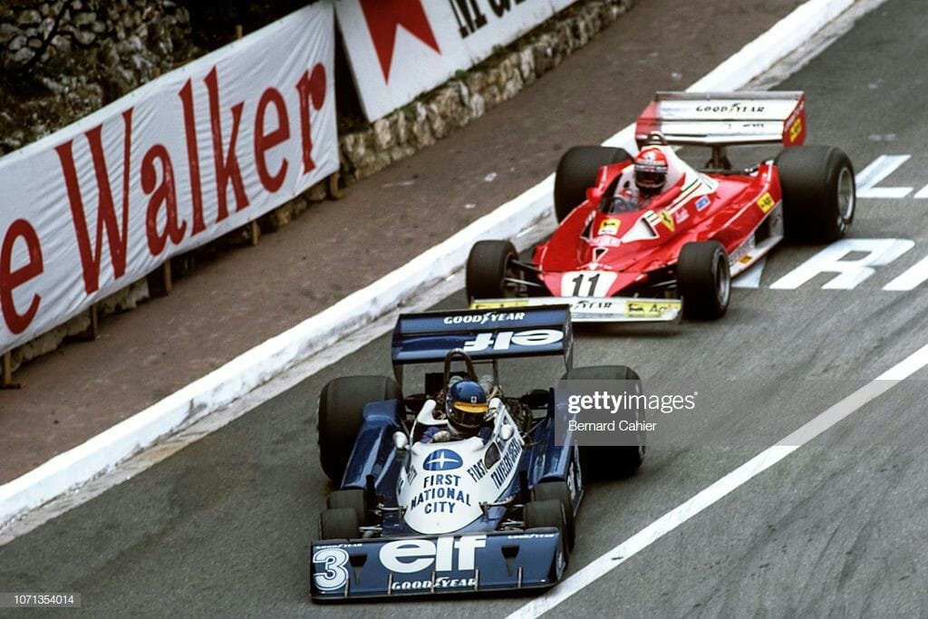 Ronnie Peterson, Tyrrel, with Niki Lauda, Ferrari, at the Monaco Grand Prix on 22 May 1977. 