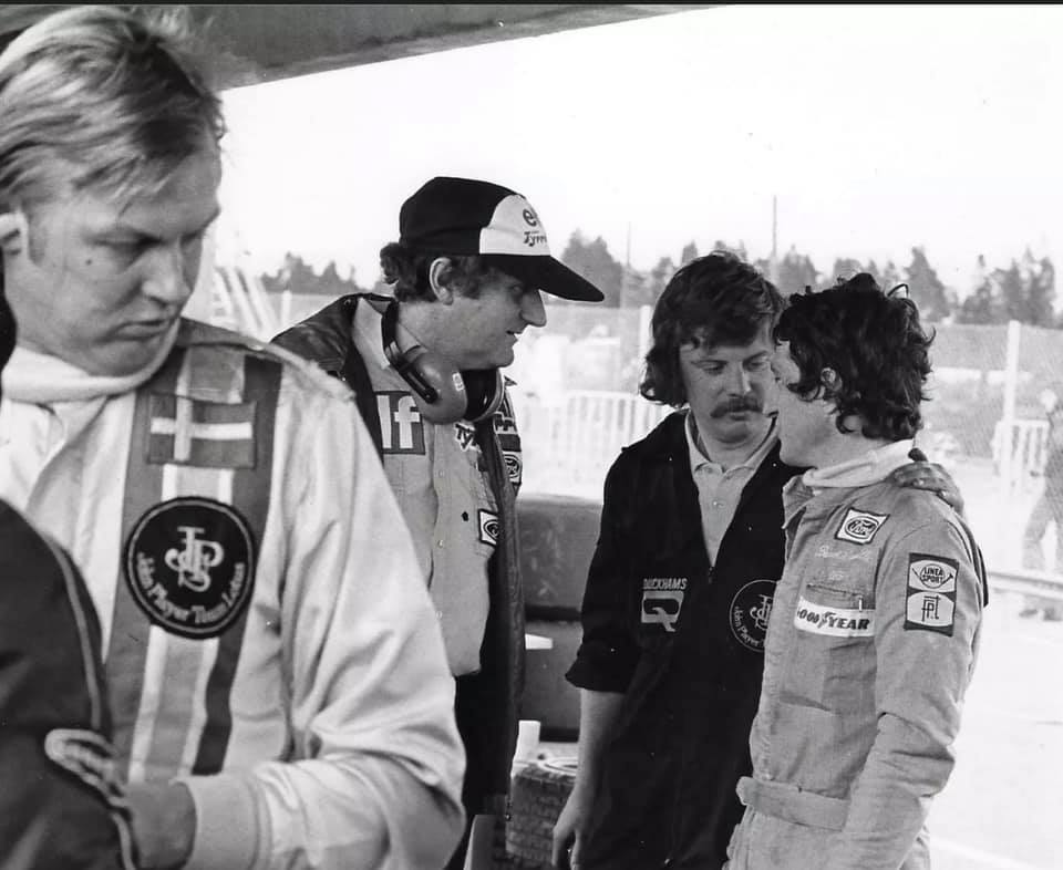 Ronnie Peterson, Derek Gardiner, Åke Strandberg and Patrick Depailler at Anderstorp on 19 June 1977.