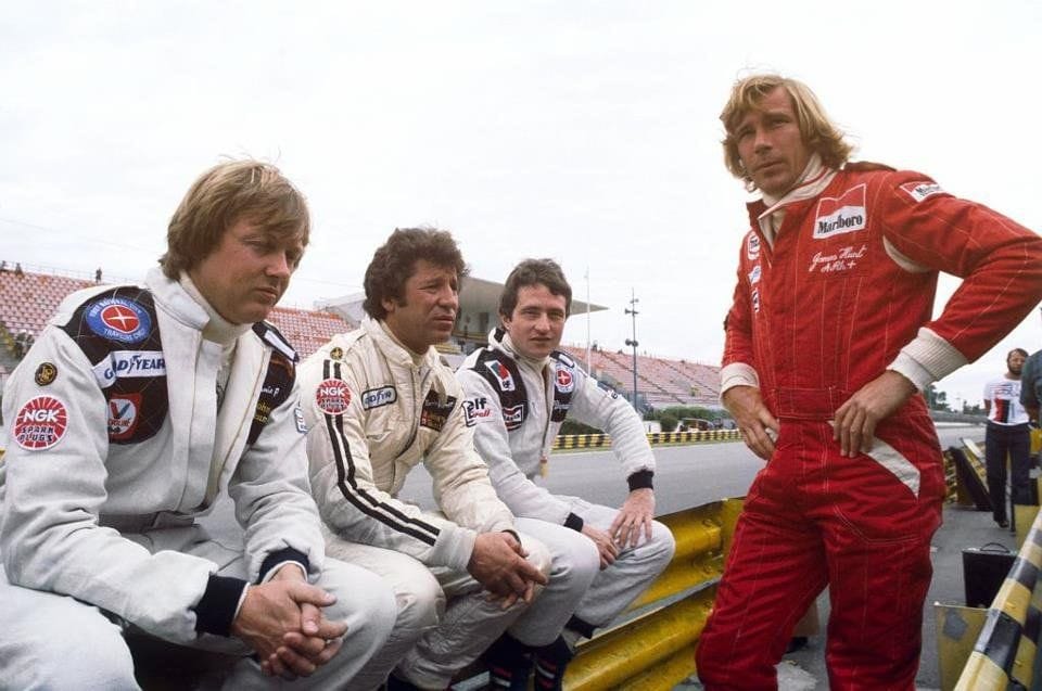 Ronnie Peterson, Mario Andretti, Patrick Depailler and James Hunt at the Argentinean Grand Prix on 15 January 1978.