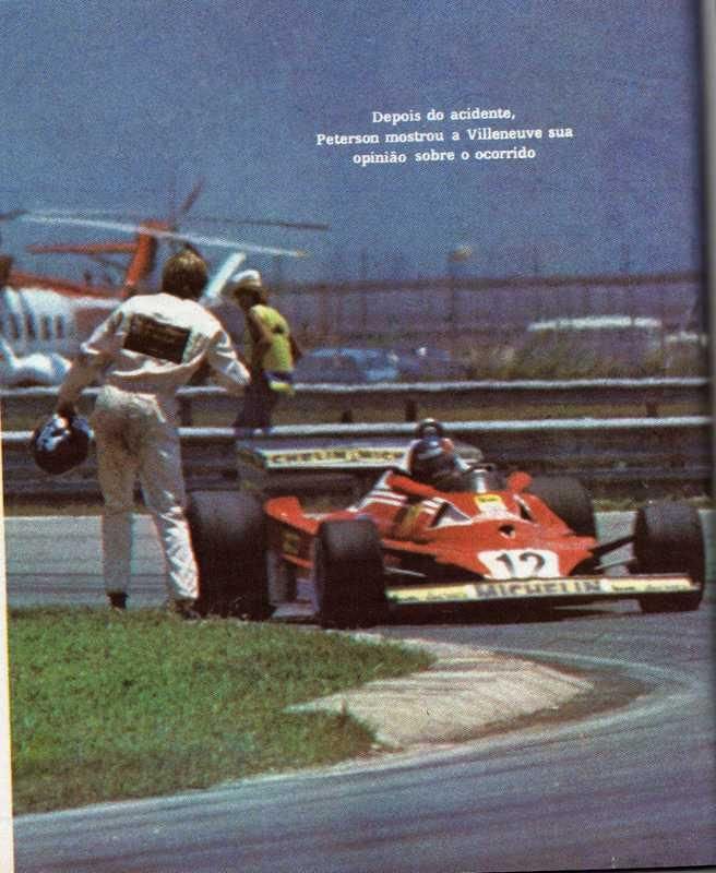 Ronnie Peterson, Lotus, wants to speak with Gilles Villeneuve, Ferrari. They were hitting each other wheel to wheel at the end of the long straight at the Brazilian Grand Prix in Jacarepaguá, Rio de Janeiro, on 29 January 1978.