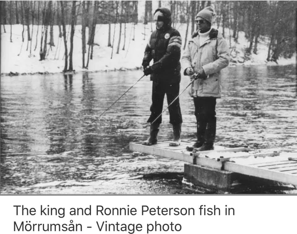 King Carl Gustaf and Ronnie Peterson fish together in Morrumsan, Sweden, on 30 March 1978.