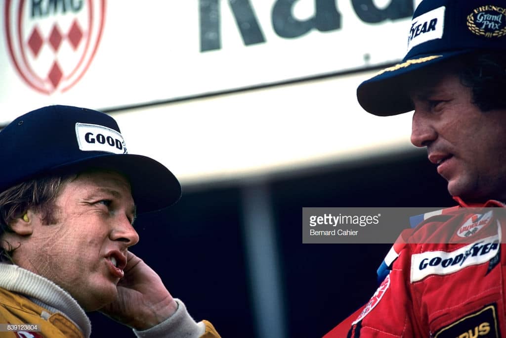 Mario Andretti and Ronnie Peterson, Lotus teammates, celebrate a 1-2 success at the French Grand Prix in Paul Ricard on 02 July 1978. 