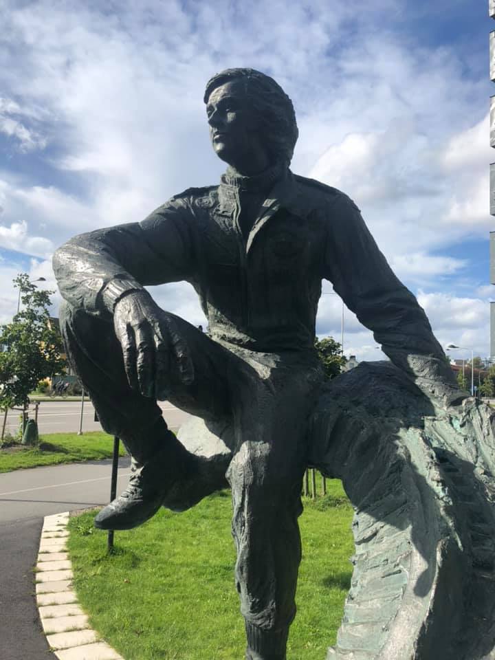 Statue, unveiled in August 2003, by artist Richard Brixel of the Swedish racing driver Ronnie Peterson in Almby, Örebro, Sweden.