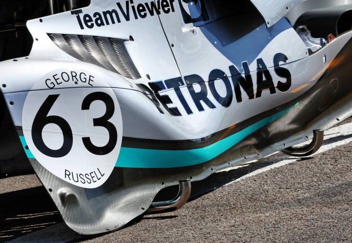 A part of George Russell’s Mercedes sponsored by Petronas.