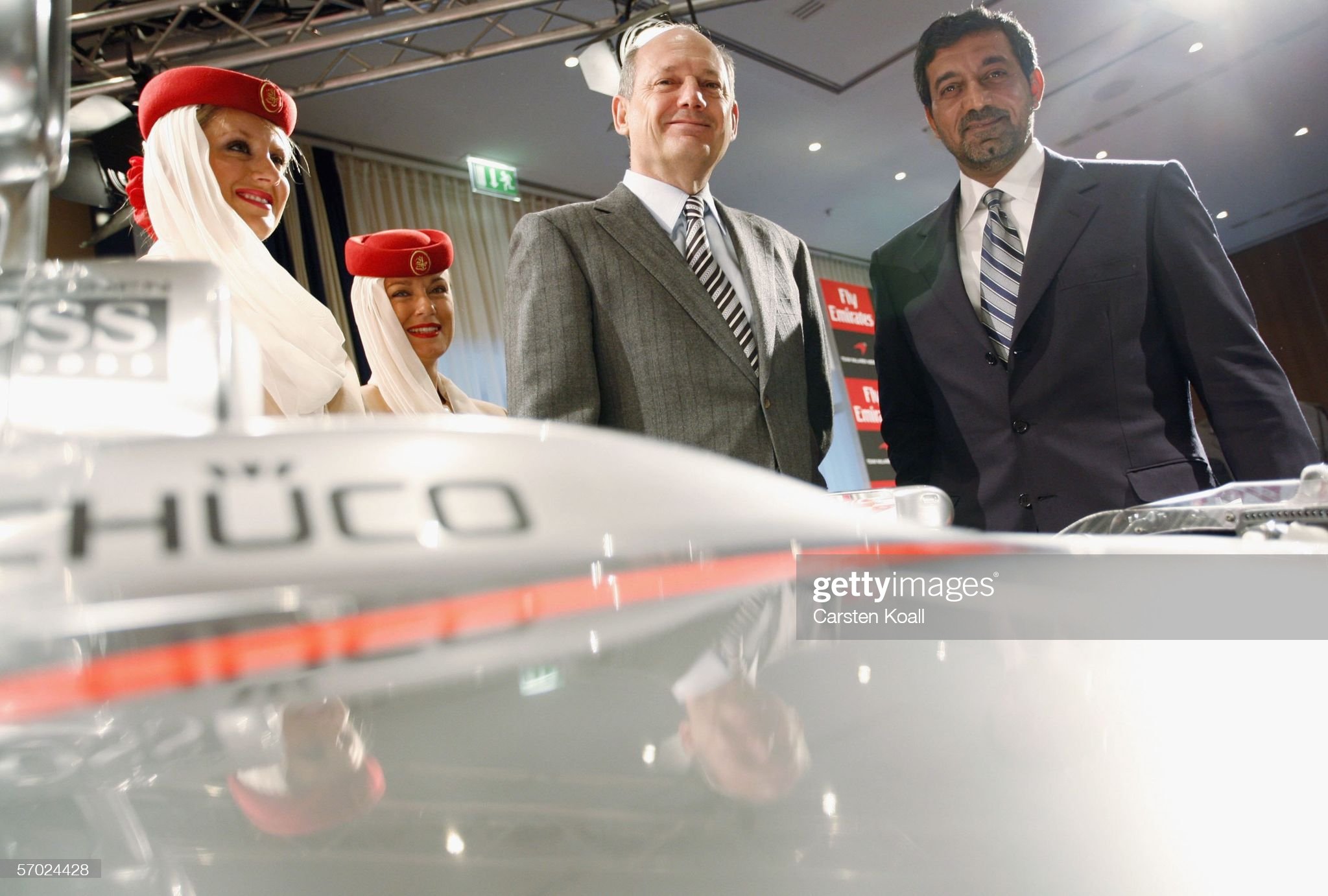 Ron Dennis, Team Principal of McLaren Mercedes and Chairman of the McLaren Group and His Highness Sheikh Ahmed bin Saeed Al-Maktoum, Chairman and Chief Executive of Emirates Airline & Group, inspect the Formula 1 car during the McLaren Mercedes press conference to announce a new sponsorship deal with Emirates at the Hotel Schweizerhof on 08 March 2006 in Berlin, Germany. 