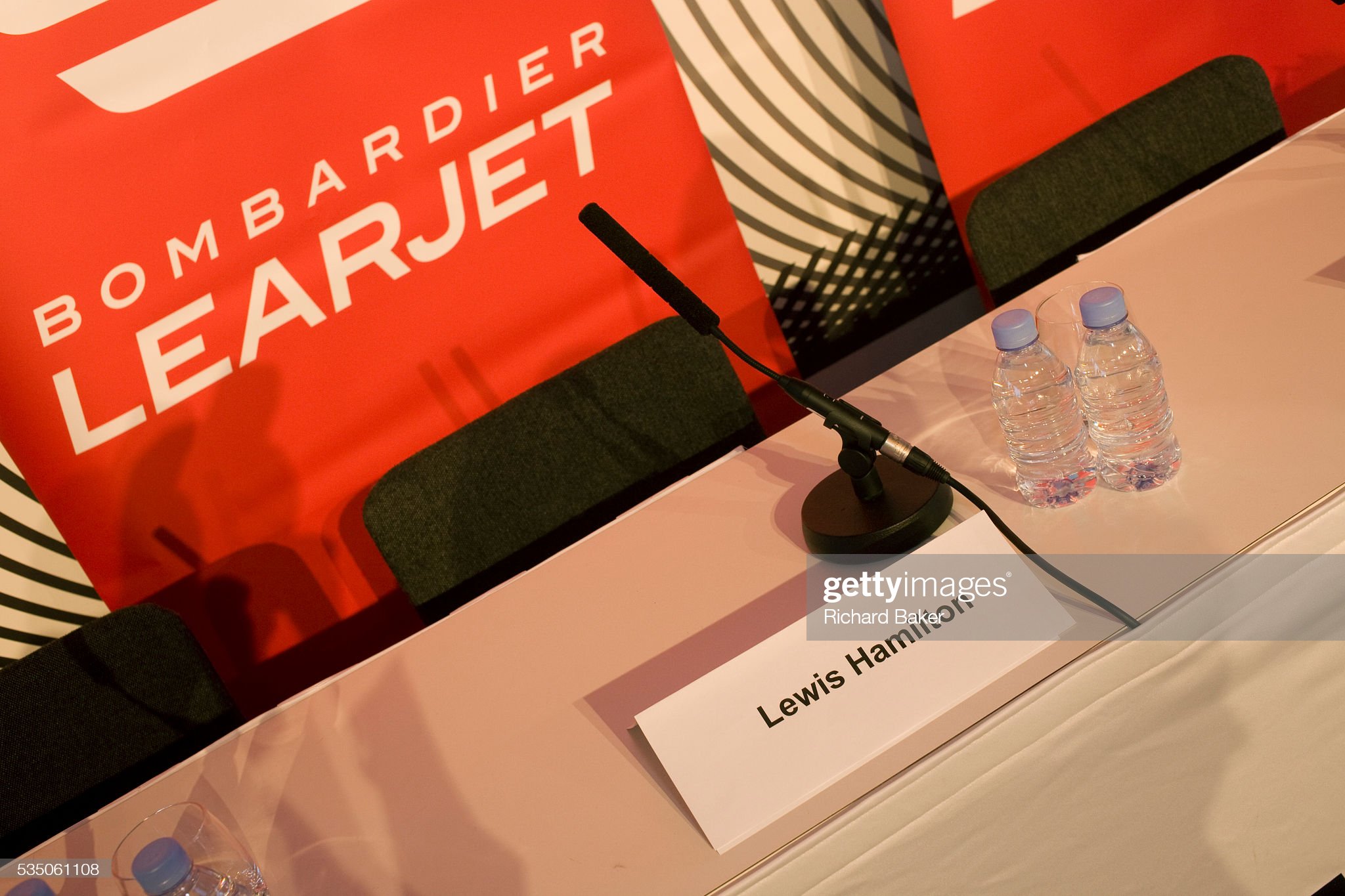 Ready for the arrival of Formula 1 driver Lewis Hamilton who is about to attend a press conference hosted by the aircraft manufacturer Bombardier, his name is seen on a press conference table, on 15 July, 2008. 
