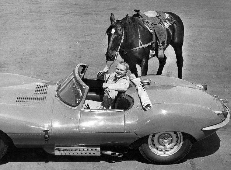 McQueen with two forms of transportation - his horse Doc and his Jaguar XKSS (1960).