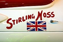 "Stirling Moss" script and a British flag on a 1958 Maserati 420M/58 he raced in the Race of Two Worlds in Monza.