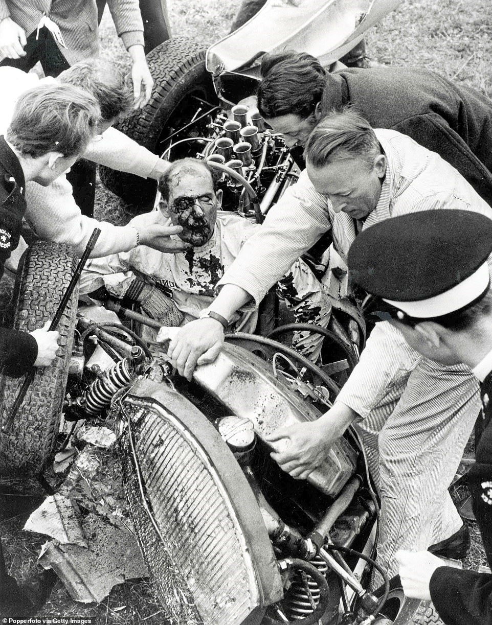 The horrific aftermath following Moss's crash at Goodwood in 1962 - which effectively ended his career within motorsport.