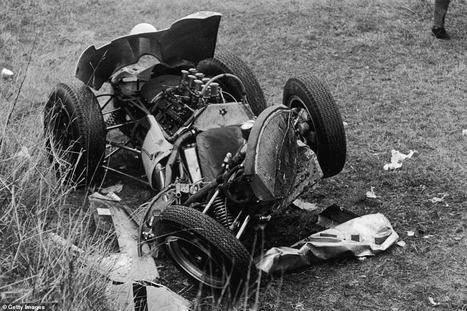 The wreckage of the crash that left the British racing legend in a coma for a month and partially paralysed for six months.