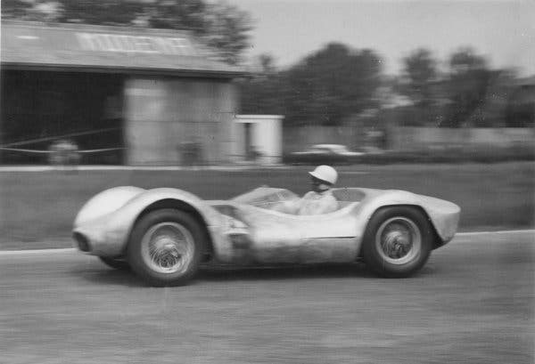 Moss test drives a 1959 Maserati Tipo 60. He retired at 33, feeling his skills had diminished after he was badly injured in a crash. 