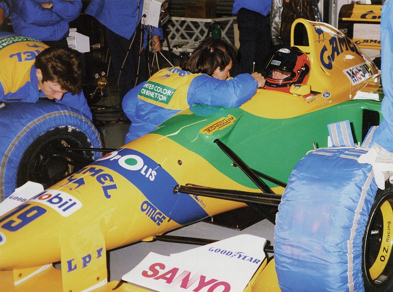 Perry testing the Benetton Formula One car. 