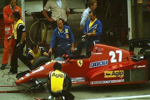 Ferrari 126C of Patrick Tambay in pits during tyre testing at Brands Hatch in 1983.