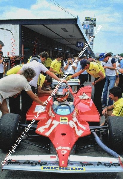 Gilles Villeneuve, Ferrari 126 C, in the pits of the 1981 Spanish Grand Prix.