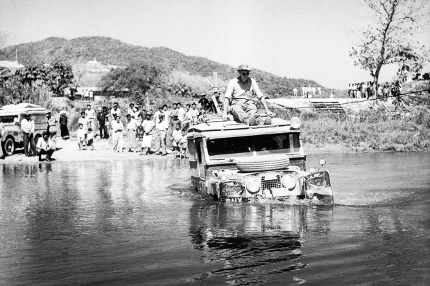 At full tilt: Landie still standing at 45º (left); crossing Mesai River on first Oxbridge Overland Expedition in ’55.