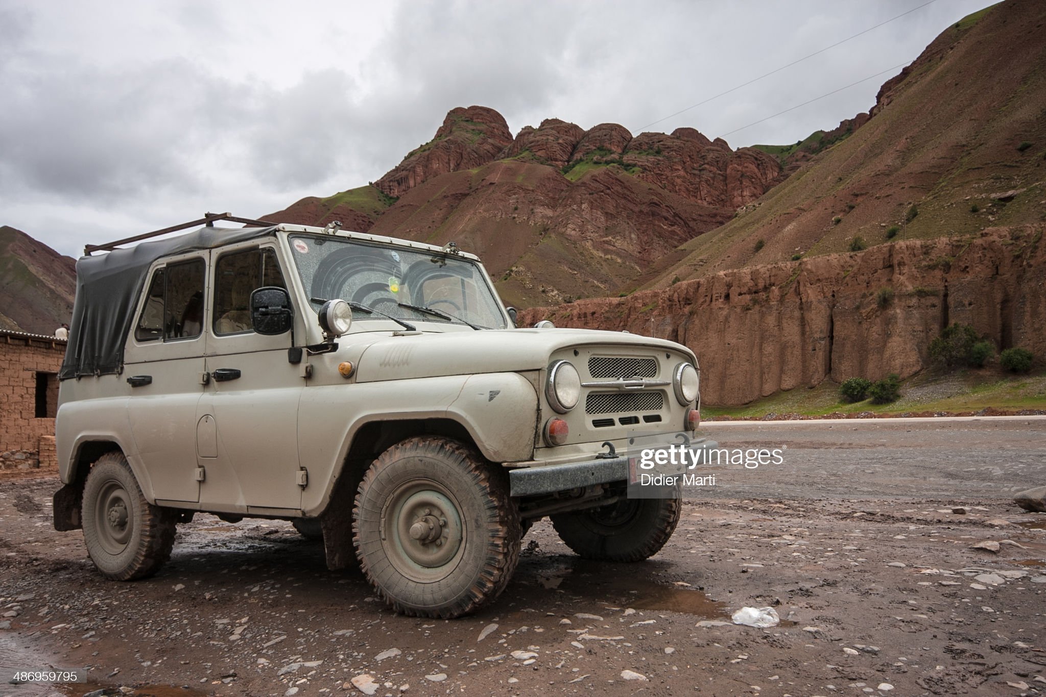 A UAZ jeep along the Pamir Highway in Kyrgyzstan on July 03, 2009. 