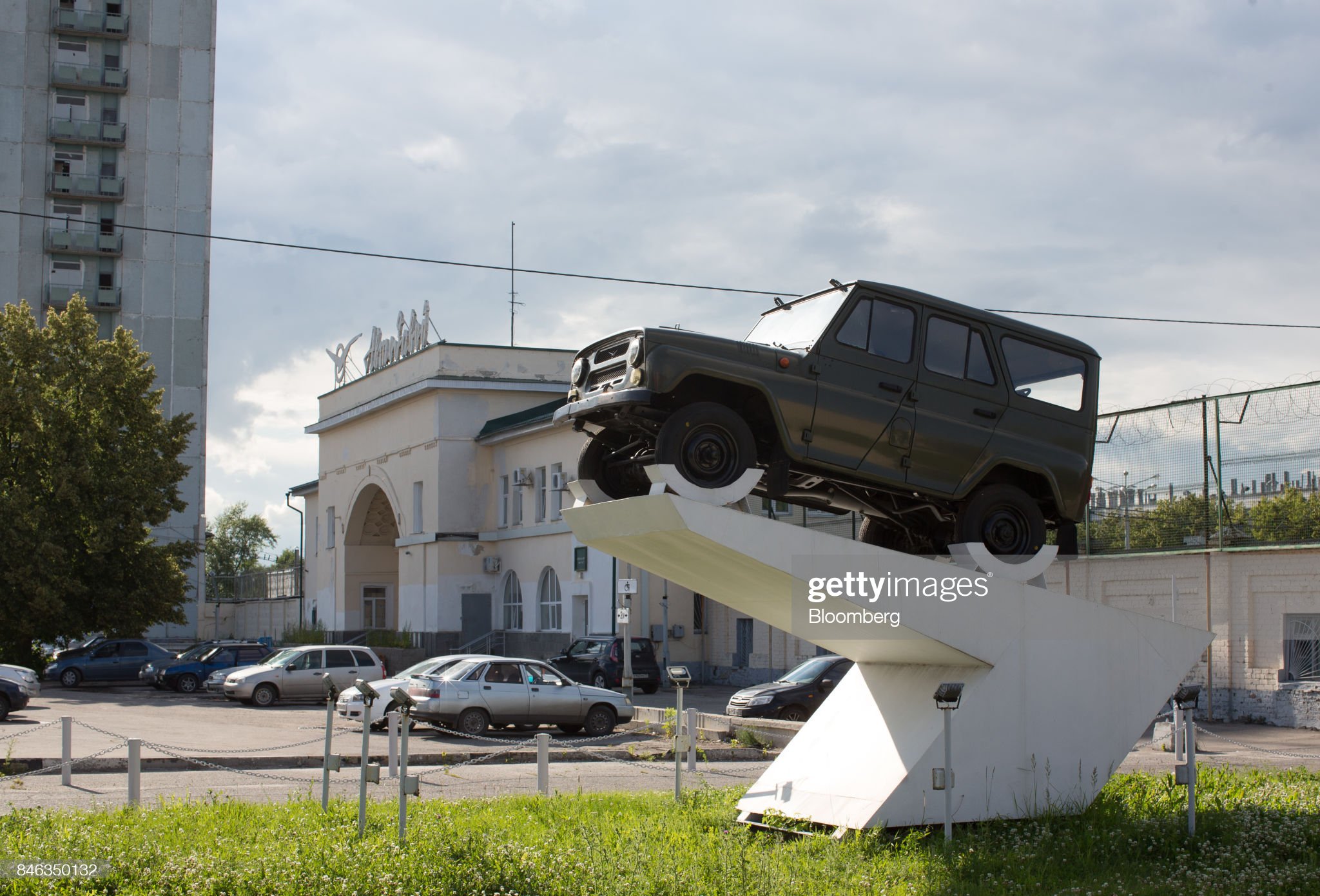 An UAZ 469 automobile sits on display outside the headquarters of the Ulyanovsk Automobile Plant (OAO UAZ) in Ulyanovsk, Russia.