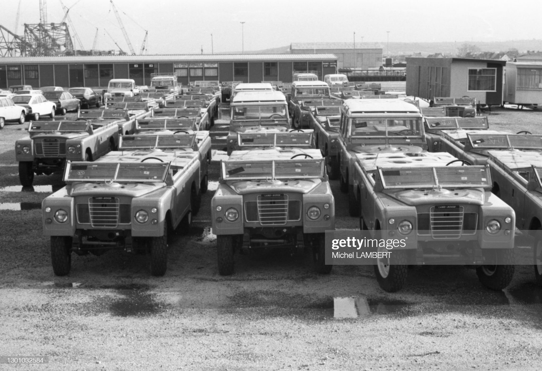 Land Rover series III on a quay in the port of Cherbourg, France, in February 1977.