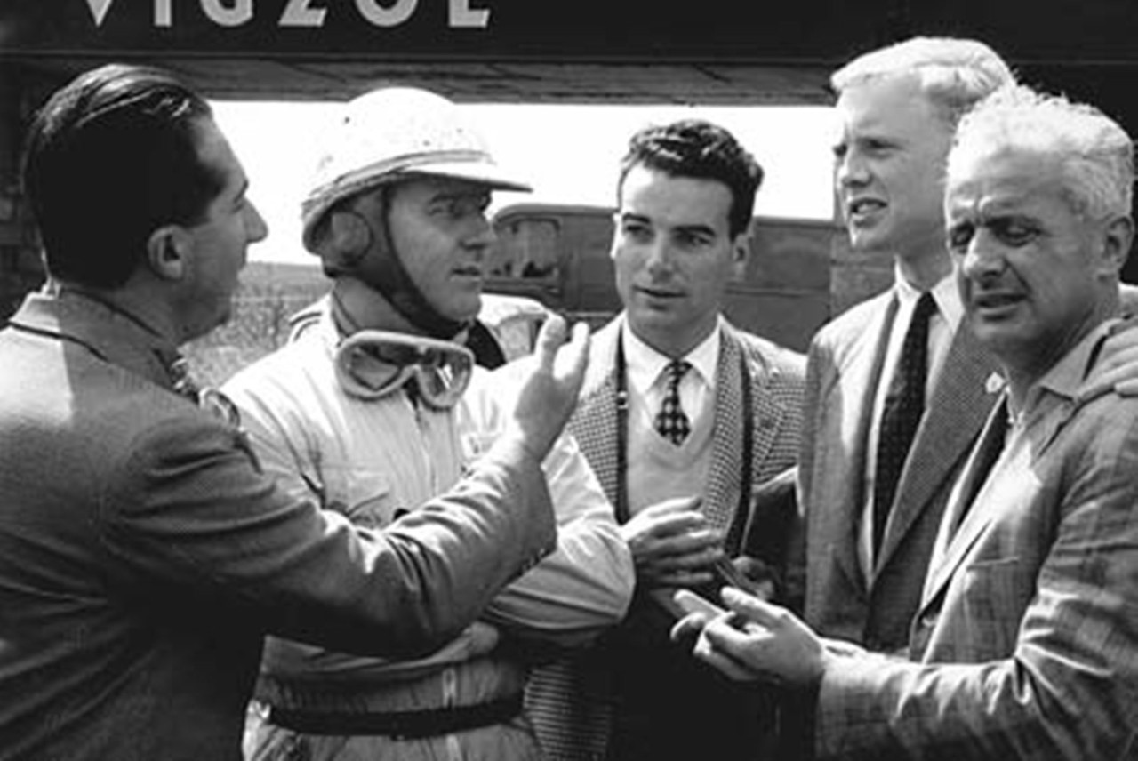 Silverstone, July 1953: the four Ferrari drivers discuss tactics ahead of the British Grand Prix.