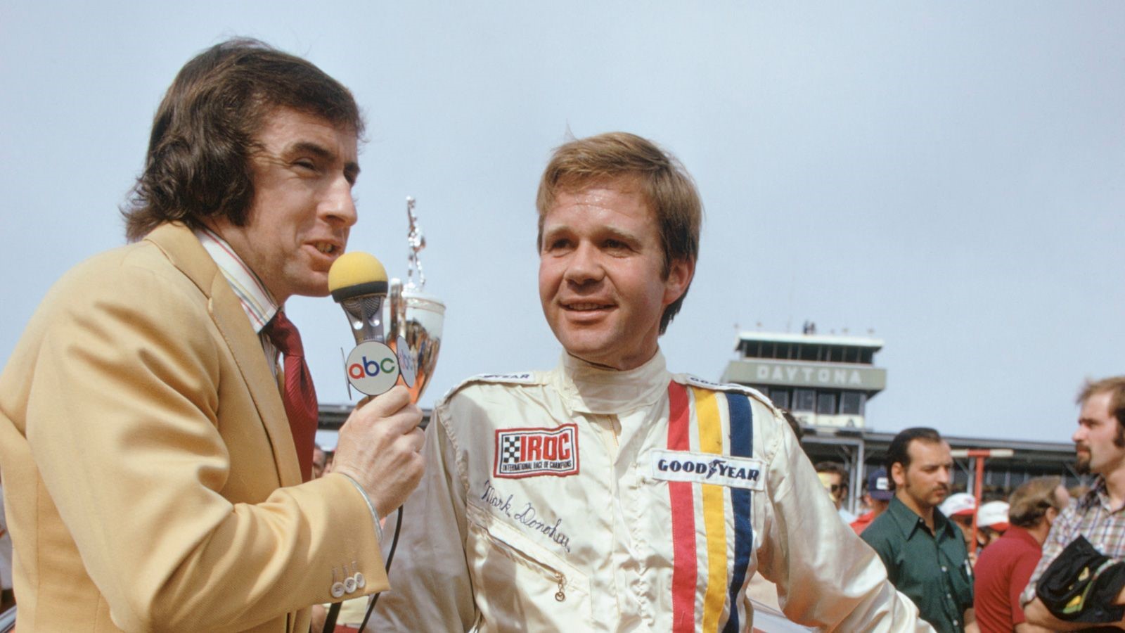 Jackie Stewart interviews Mark Donohue prior to an IROC race in 1974. 