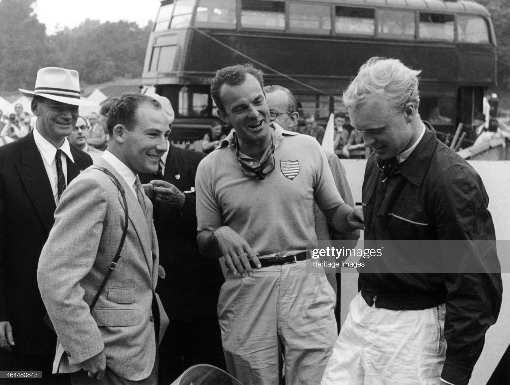 Stirling Moss with Harry Schell and Mike Hawthorn, Crystal Palace, July 1955. 