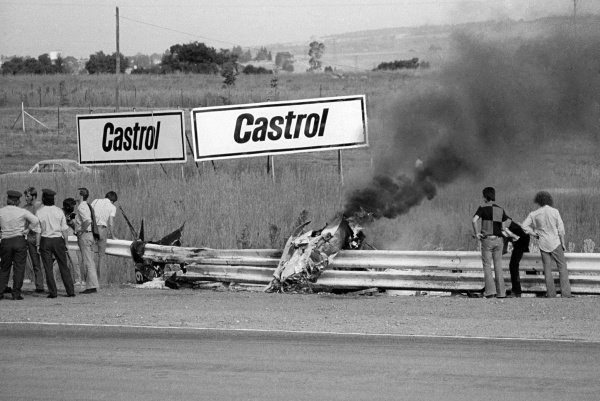 Burning wreckage of Peter Revson’s car.