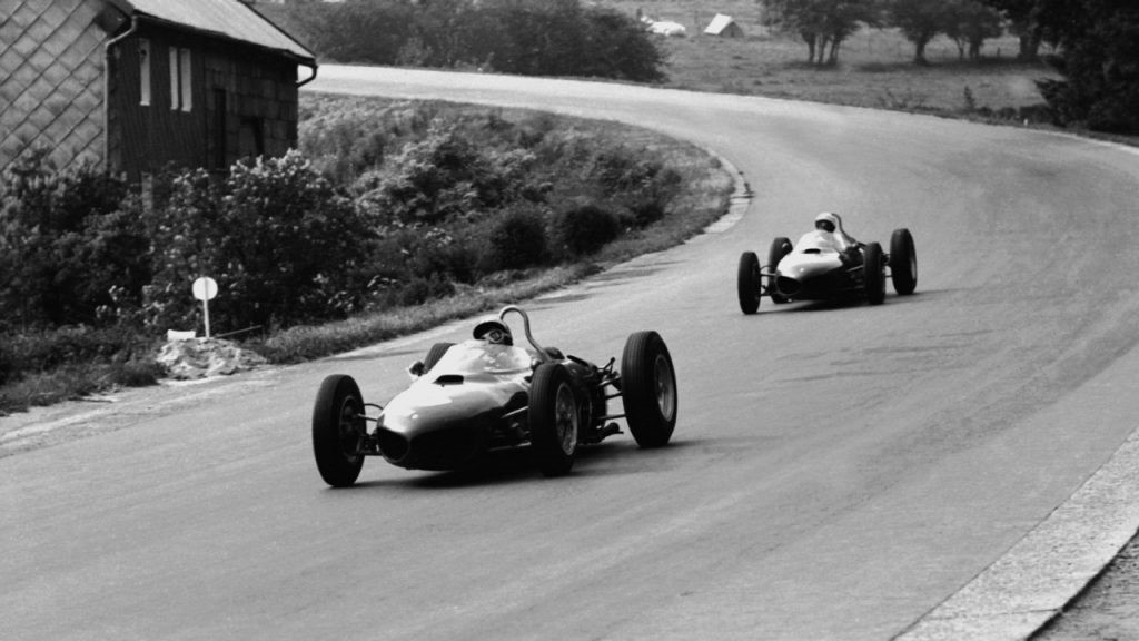 Ricardo Rodriguez, 4th, leads Phil Hill, 3rd, both in Ferraris 156, at the Belgian Grand Prix in Spa on 17 June 1962. 