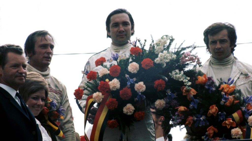 The podium (left to right): Chris Amon (NZL), Ferrari, second; Pedro Rodriguez (MEX), BRM, winner; Jean-Pierre Beltoise (FRA), Matra, third. Belgian Grand Prix, Spa-Francorchamps, 07 June 1970.