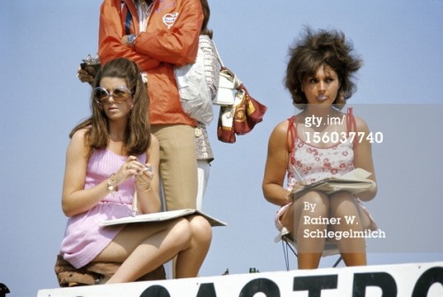 Time keepers at the Duch GP in 1970. We think the one on the left with the spectacular sunglasses is Lynne Oliver which makes bubblegum girl either Pedro Rodriguez's girlfriend, Glenda Foreman or someone who was with George Eaton, the other BRM driver. 