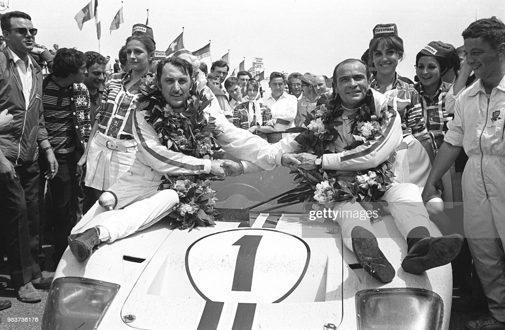 Jo Schlesser and Guy Ligier pose for the photographer on June 25, 1967.