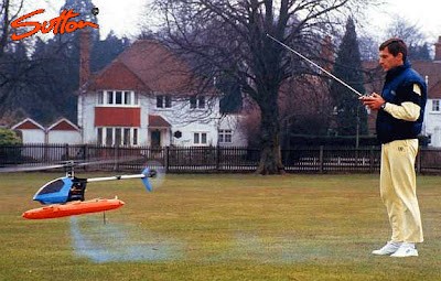 Ayrton with a model helicopter in the backyard of his home in Esher.