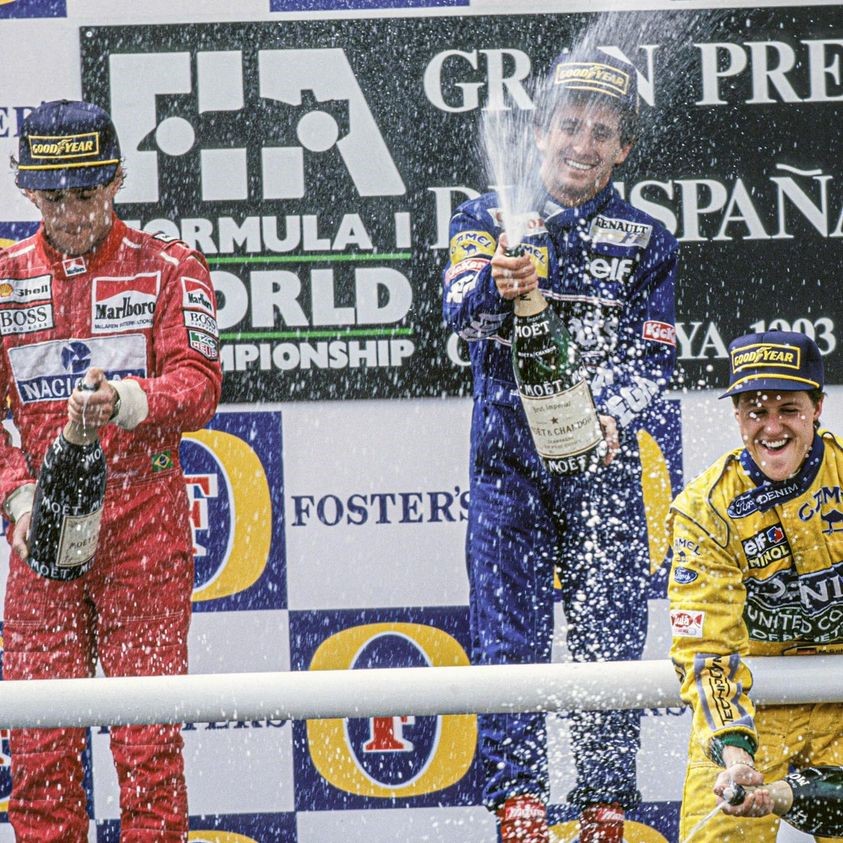 Ayrton Senna, Alain Prost and Michael Schumacher on the podium.