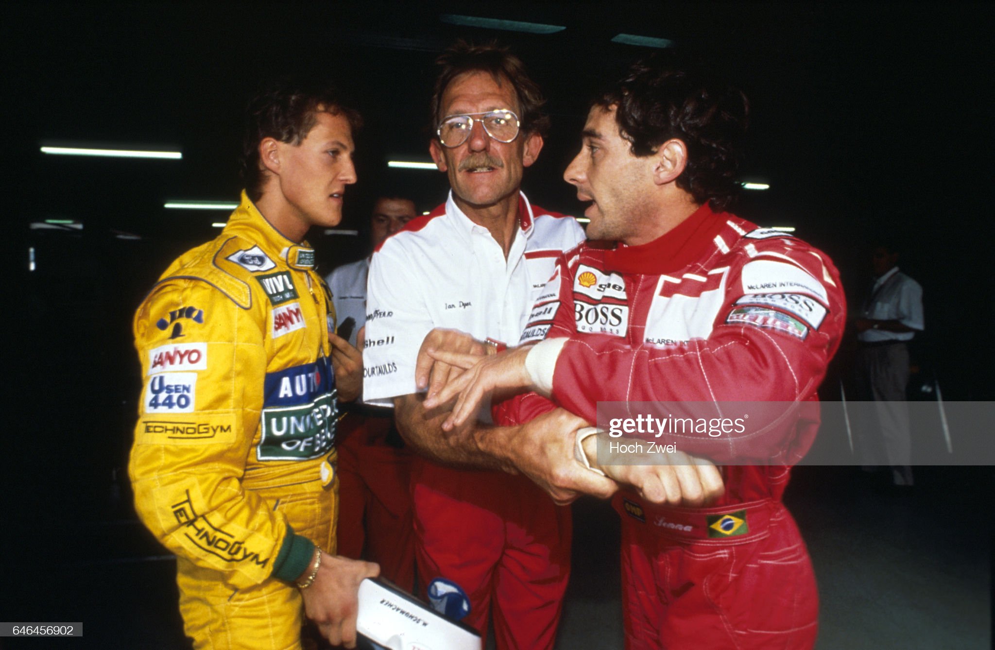 A dispute between Michael Schumacher and Ayrton Senna at Hockenheimring, in the McLaren pit box, in July 1992.