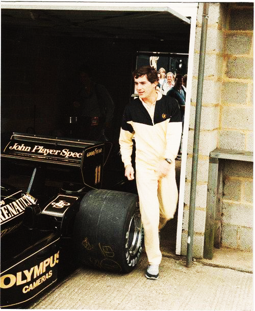 Ayrton Senna in a Lotus coloured tracksuit.