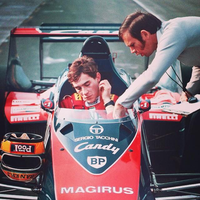 Ayrton Senna and Rory Byrne, Toleman test, 1984.