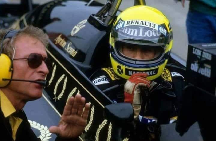 Ayrton Senna, in a Lotus, with Gerard Ducarouge.