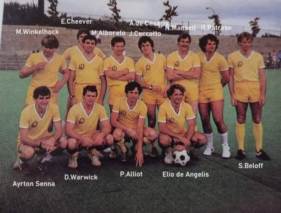 A football team of racing drivers, including Ayrton Senna.