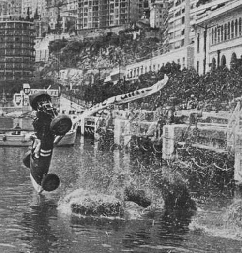 Australian Paul Hawkins flies into the harbor in the F1 race in Monaco in 1965. 
