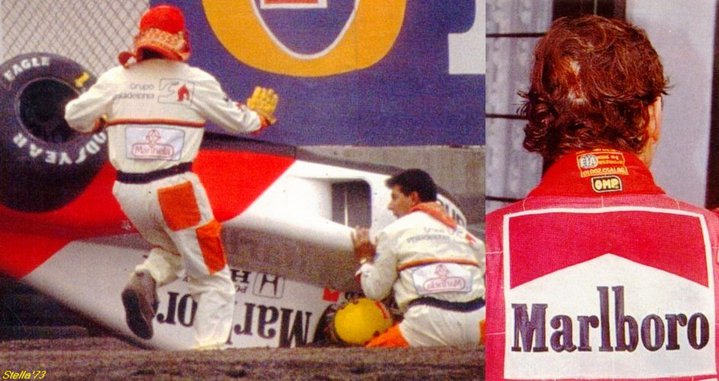 Ayrton Senna, McLaren-Honda MP46, emerges unhurt from his big shunt at the Peraltada Curve at the 1991 Mexican GP.