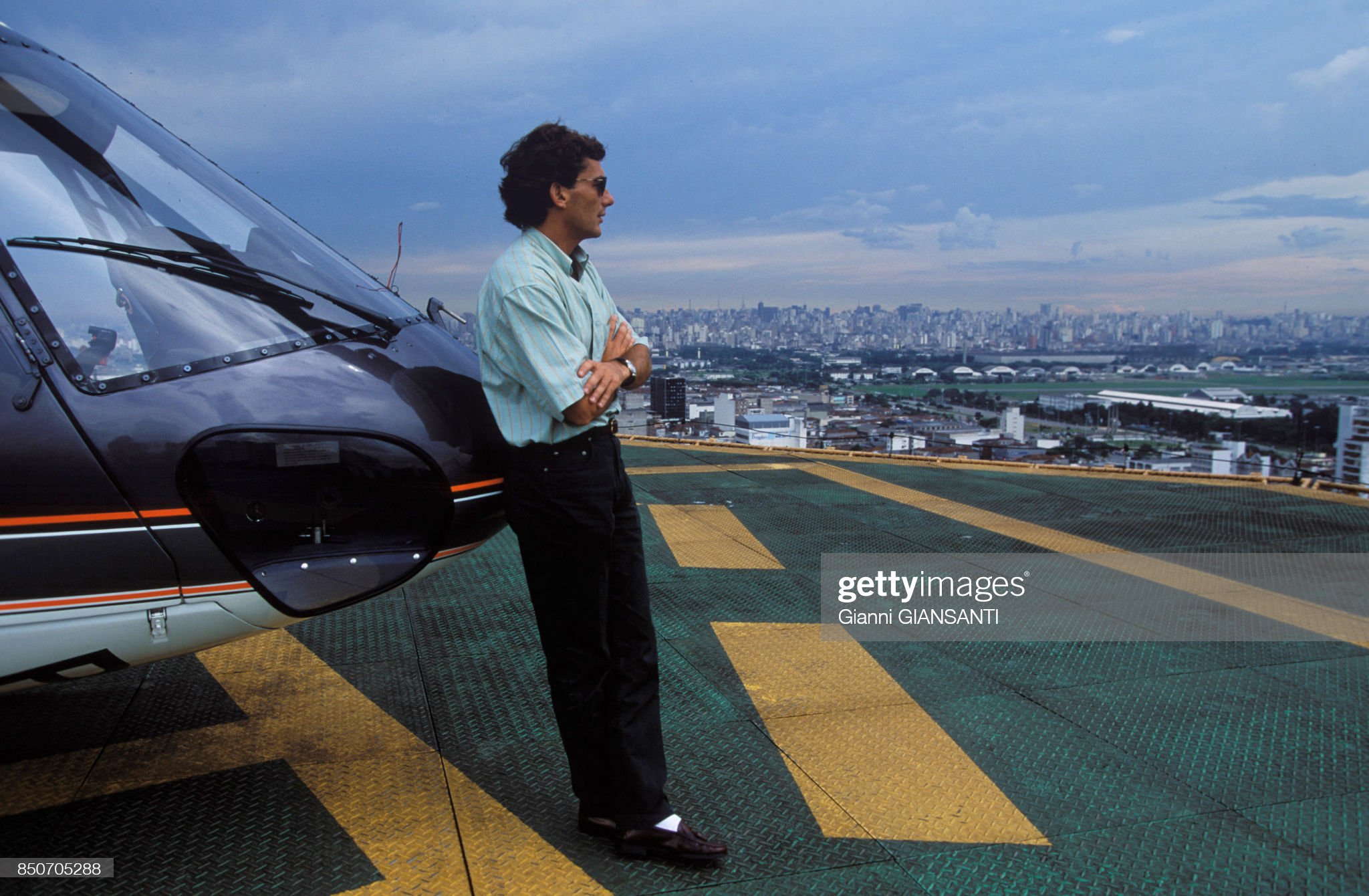 Ayrton Senna and his helicopter in Sao Paolo, Brazil, on February 15, 1994.
