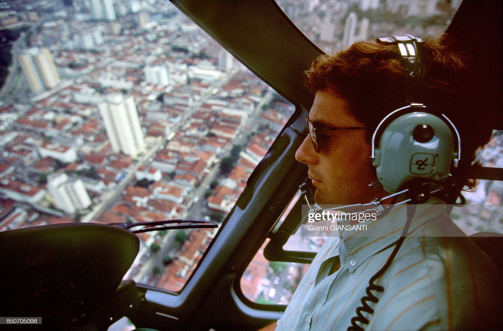 Ayrton Senna in a helicopter over Sao Paolo, Brazil, on February 15, 1994. 
