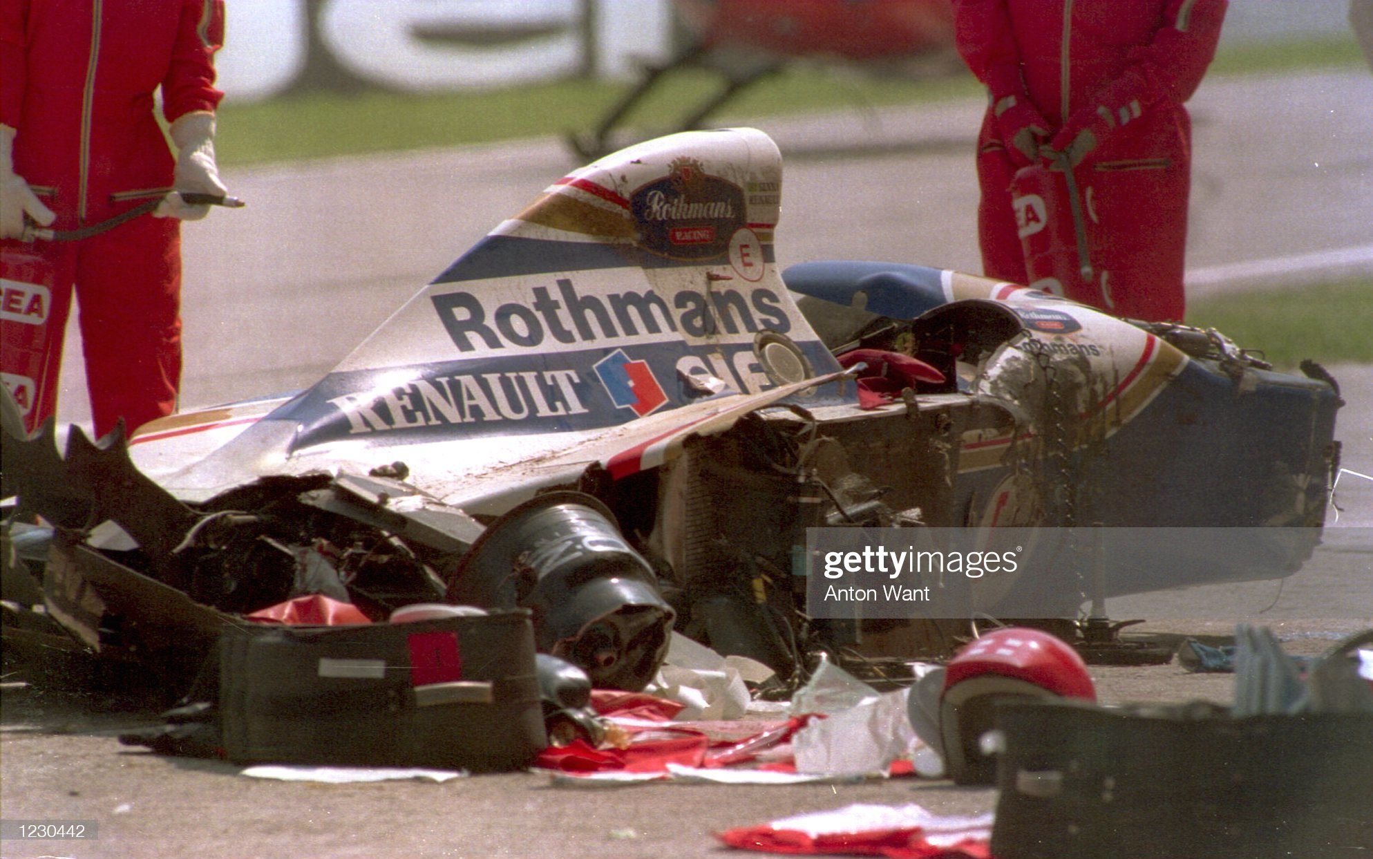 The Williams of Ayrton Senna lies shattered on the track after he crashed into the concrete barrier during the early stages of the San Marino F1 GP at Imola on May 01, 1994.