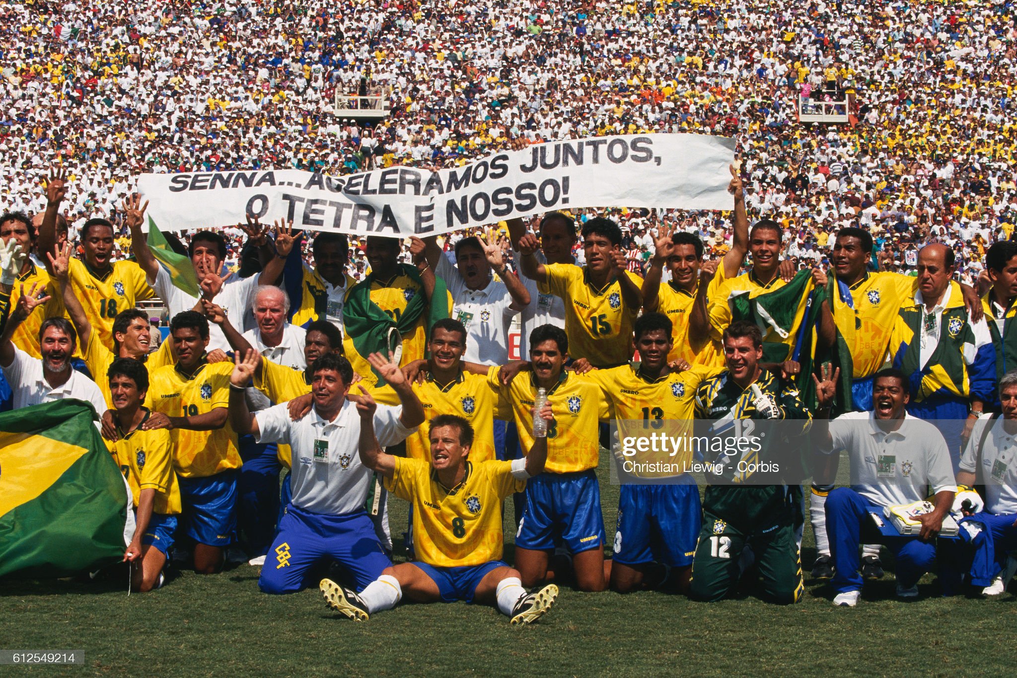 Brazilian players celebrate their victory over Italy in the final of the FIFA World Cup on July 17, 1994. 