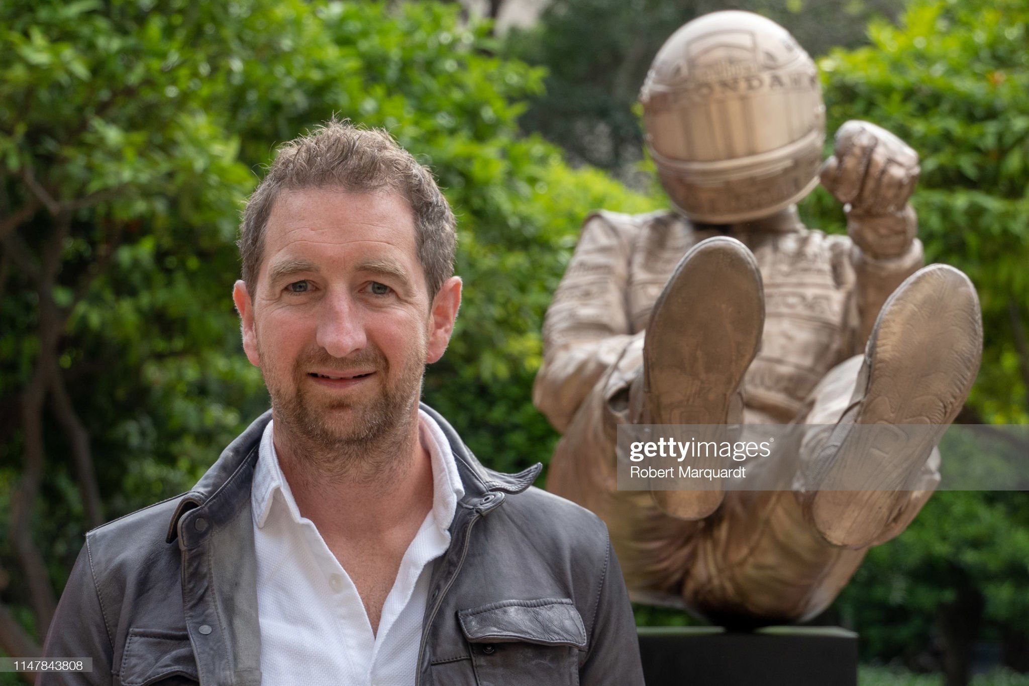 Sculptor Paul Oz attends a Ayrton Senna's sculpture tribute inauguration on the 25th anniversary of his death on May 08, 2019 in Barcelona, Spain.