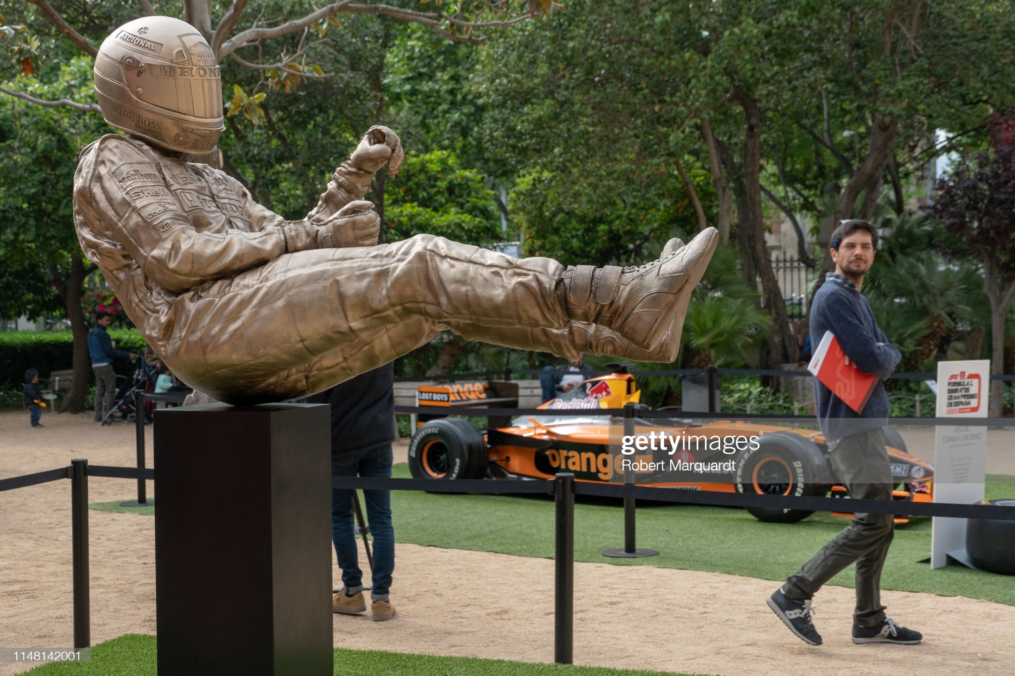 The public attends a Ayrton Senna's sculpture tribute inauguration on the 25th anniversary of his death on May 08, 2019 in Barcelona, Spain.