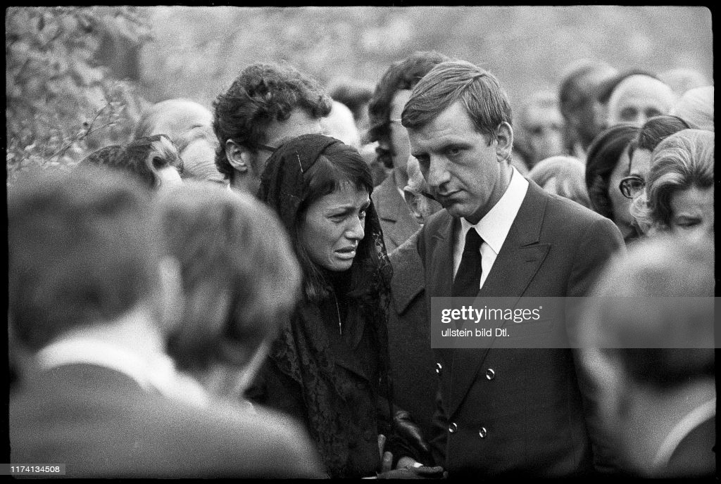 Jo Siffert's funeral, Fribourg 1971; widow Simone Siffert Guhl. 