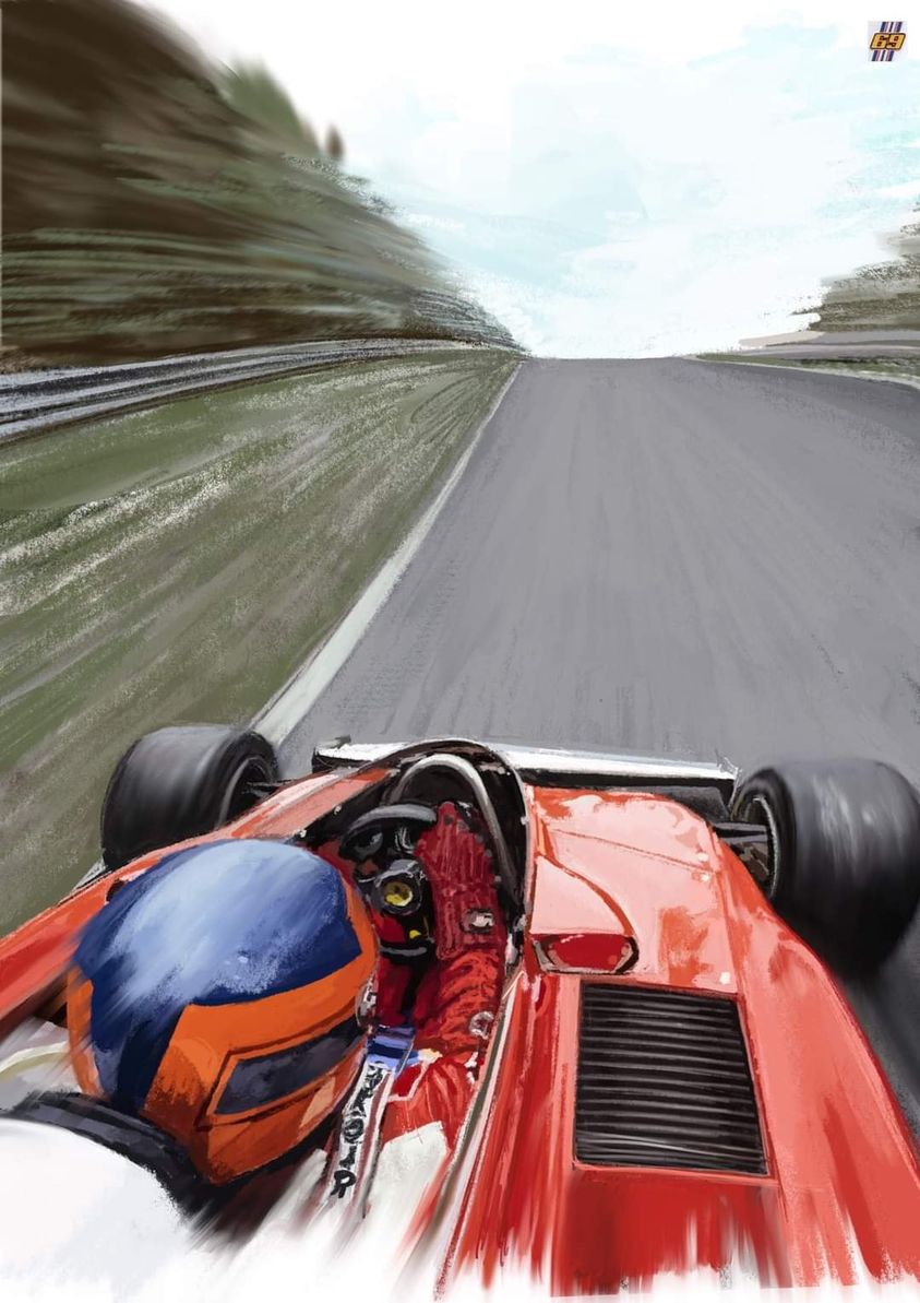 Gilles Villeneuve driving a Ferrari in a painting.