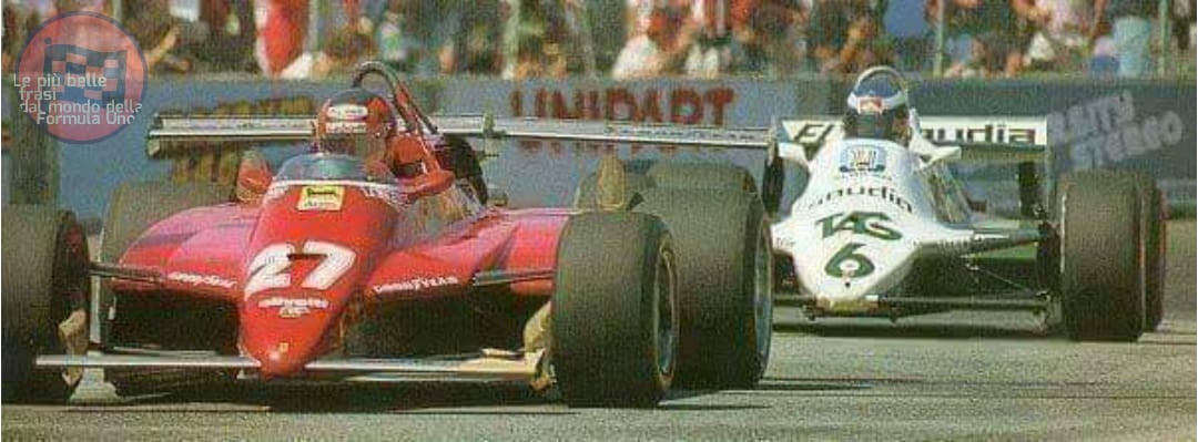 Gilles Villeneuve, Ferrari, followed by Keke Rosberg, Williams.